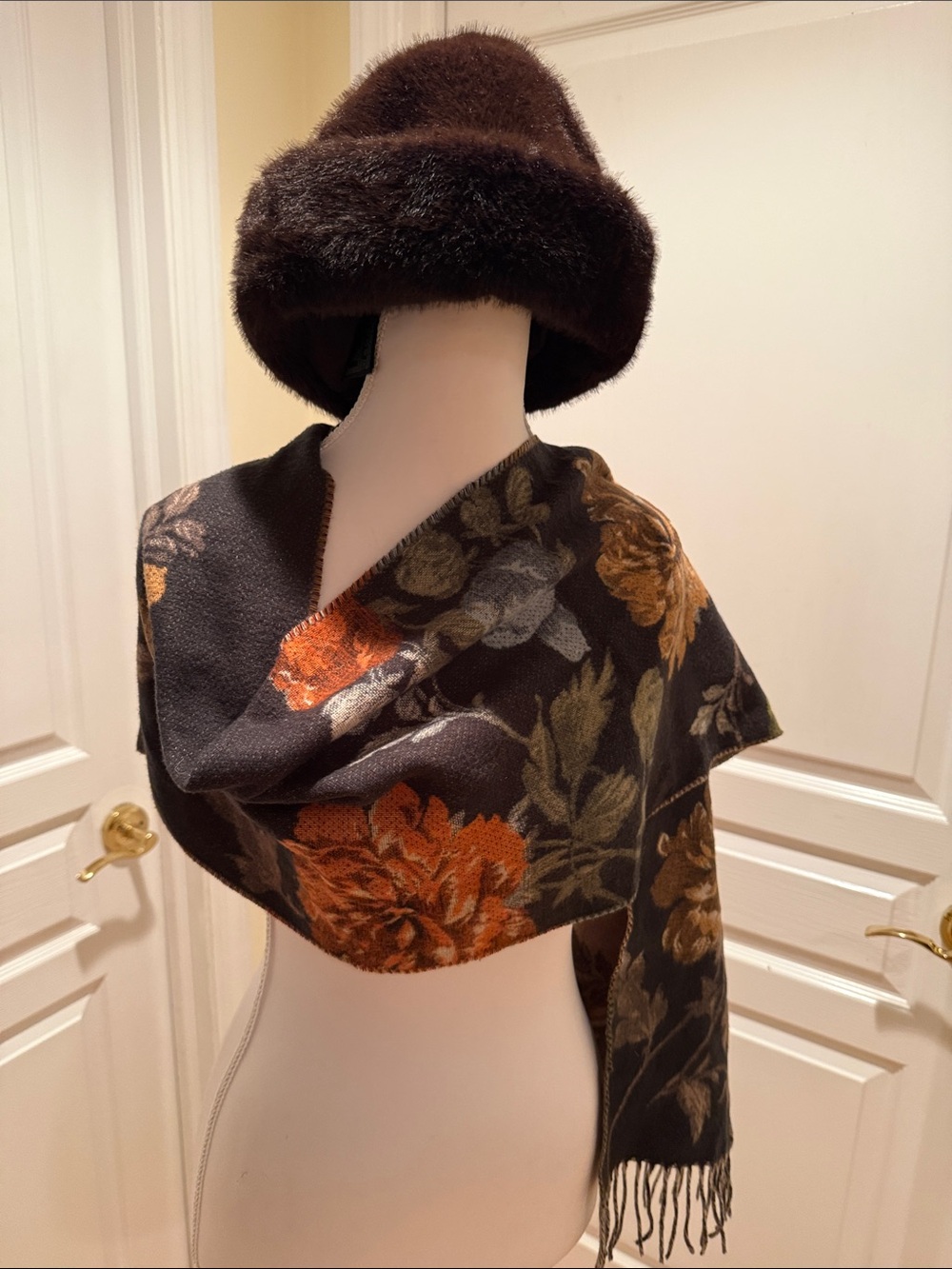 Coshmink Brown Floral Fringe Scarf with H&M Matching Brown Faux Fur Bucket Hat
